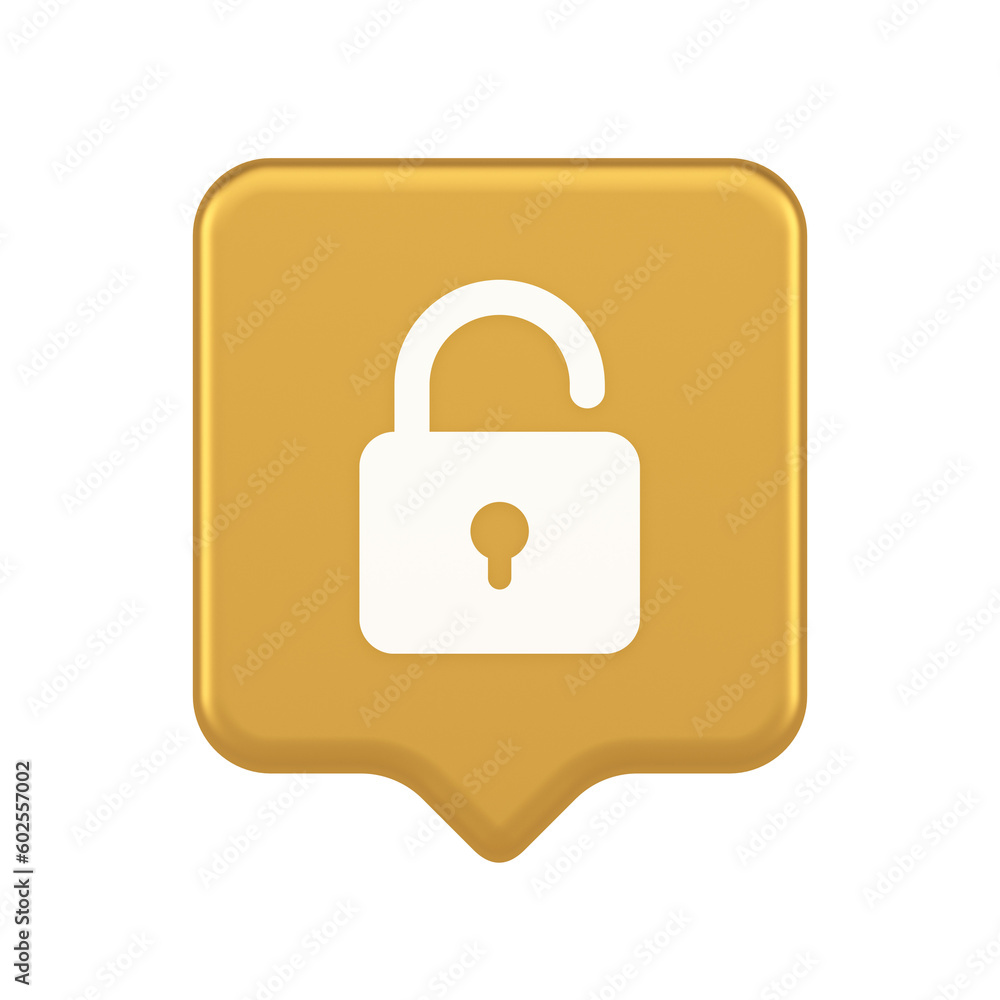 Poster open lock button cyberspace password security protection service 3d realistic speech bubble icon