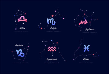 Color zodiacal sings of Libra, Scorpio, Sagittarius, Capricorn, Aquarius and Pisces with constellations, dates and hand 

lettering on deep blue background. Flat vector illustration EPS 10.