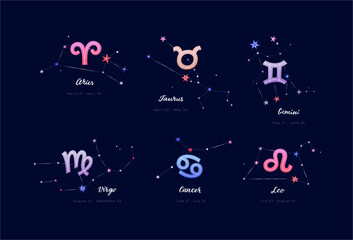 Color zodiacal sings of Aries, Taurus, Gemini, Cancer, Leo and Virgo with constellations, dates and hand 

lettering on deep blue background. Flat vector illustration EPS 10.