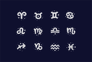 White sings of zodiac with stars on deep blue background. Flat vector illustration EPS 10.