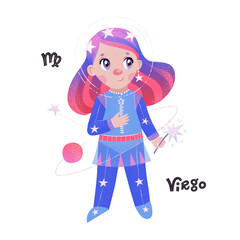 Virgo horoscope character with zodiac sign and handlettering. Cute vector illustration EPS 10.