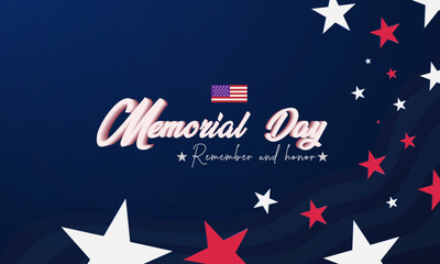 Memorial Day USA flag and stars concept. Memorial Day 3d text Poster and template design blue background Vector Illustration.
