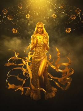 Fantasy woman queen with metallic golden skin, long dress fabric shines, ribbon flies flutters on wind motion. Night garden, yellow gold roses tree branches. Black studio. Blonde fairy princess girl