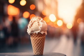 Tasty ice cream over blurred street background. Ai generative.