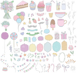 Party set happy birthday children baby boy girl invitation elephant cute cozy frame letter mouse clipart  