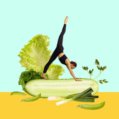 Slim, sportive, young girl doing stretching over lettuce and cucumber on mint color background. Contemporary art collage. Concept of food, sport, healthy eating, diet, creativity. Modern design