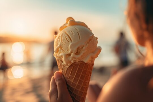 Summer photo of ice cream and beach background. Ai generative.