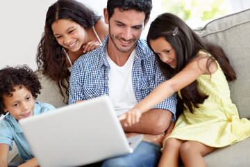 Laptop, pointing and happy family father, children or people gesture at online website, social...