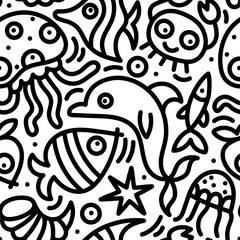 Sea animals doodle seamless pattern
