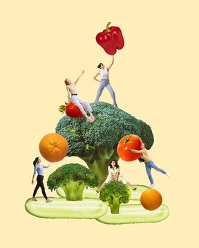 Naklejki Young people around healthy food,broccoli, red pepper, citrus, tomatoes. Eating fruits and vegetables. Contemporary art collage. Concept of food, health care, diet, creativity. Modern design