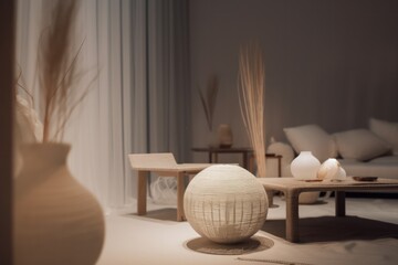 3D Render of a Luxurious, Modern Living Room with Boho-Scandinavian and Japandi Elements.