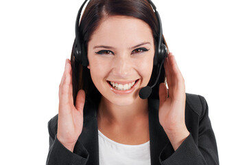 Portrait, consultant and woman with telemarketing, customer service and employee isolated against...