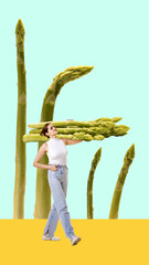 Young girl with sportive, slim body carrying asparagus over mint colored background. Healthy eating, nutrition. Contemporary art collage. Concept of food, creativity. Modern design. Vertical layout