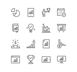 Set of success and growth related icons, progress, career, innovation, organization, teamwork and linear variety vectors.