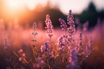 Obraz na płótnie Canvas Beautiful blurred flowers field background, pastel pink and purple colors, bright morning sunlight, bokeh. Romantic illustration made with Generative AI