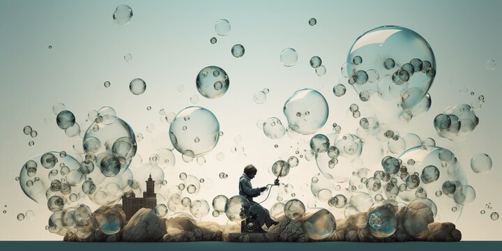 A playful composition of a person blowing bubbles that transform into miniature, floating worlds, evoking the wonder of creativity, concept of Imagination, created with Generative AI technology
