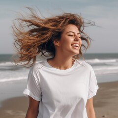 Banner mockup with a beautiful young woman in a white t-shirt with flying hair on the beach. Generative AI. - obrazy, fototapety, plakaty