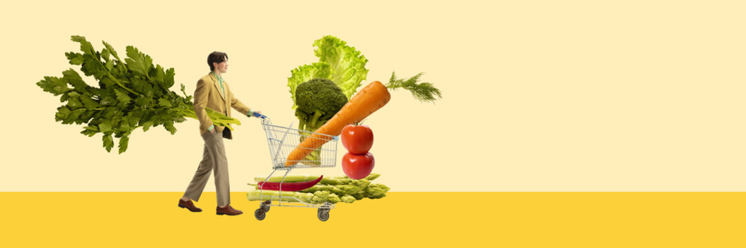 Naklejki Young man going grocery shopping, buying vegetables, carrot, lettuce, broccoli, tomatoes and asparagus. Contemporary art collage. Concept of healthy diet, creativity, organic food. Modern design