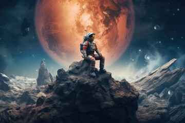 Astronaut spaceman seated on a space rock on the moon. Generative AI.