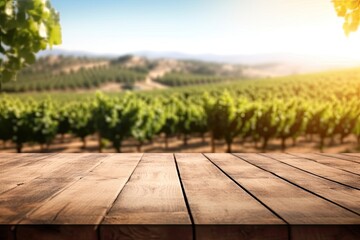 An empty wooden table for product display. Blurred french vineyard in the background. Generative AI. - obrazy, fototapety, plakaty