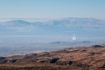 View of Metsamor Nuclear Power Plant from Mount Aragats on sunny autumn day. Aragatsotn Province,...
