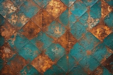 Seamless oxidized copper patina metal diamond plate grunge background texture. Vintage antique weathered worn corroded rusted bronze or brass abstract steampunk pattern. Generative AI.