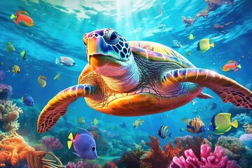 Turtle with group of colorful fish and sea animals with colorful coral underwater in ocean. Generative AI. - obrazy, fototapety, plakaty