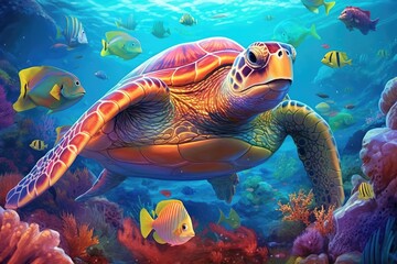 Fototapeta premium urtle with a group of colorful fish and sea animals with colorful coral underwater in the ocean. Generative AI.