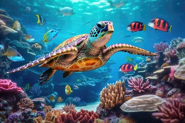 Obraz na płótnie Canvas urtle with a group of colorful fish and sea animals with colorful coral underwater in the ocean. Generative AI.