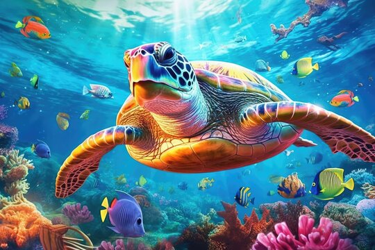 Turtle with group of colorful fish and sea animals with colorful coral underwater in ocean. Generative AI.