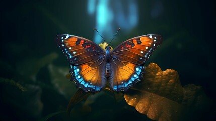 Fototapeta na wymiar Colorful tropical butterfly on the leaves, against the background of the forest. Generative AI