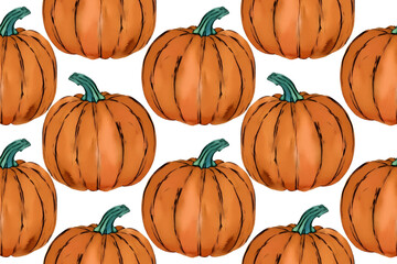 Watercolor orange pumpkins seamless pattern, vector isolated on white