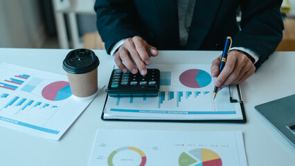 Bookkeeping financial auditing administrator asian business man making reports, calculating balance...