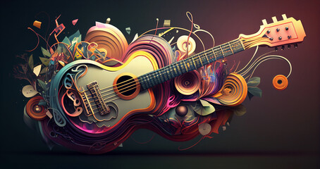 Naklejka na ściany i meble Guitar stringed instrument with abstract colorful ornament, illustration banner with copy space. Generative AI