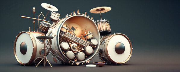 Drum kit percussion instrument graphic illustration banner with copy space. Generative AI