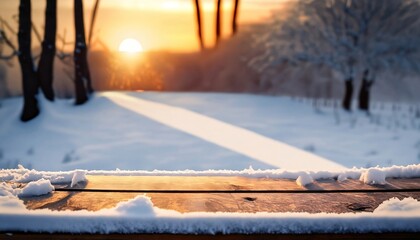 sunset in the snow, Wooden table with snow at sunset on a frosty winter day, a free seat, background, winter, Ai generated 