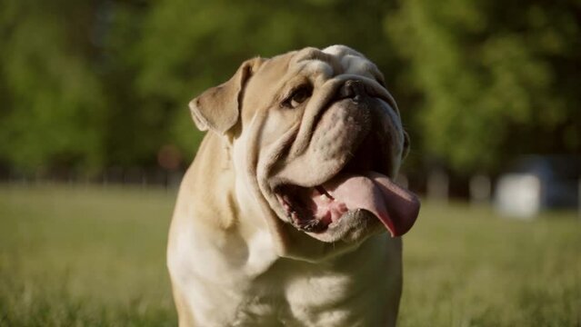 English bulldog portrait in park and breathing with open mouth. Purebred happy cute dog. Domestic animal and pet concept. 4 K