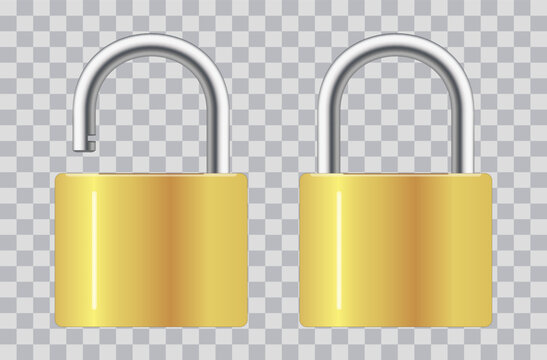 Locked and unlocked padlock. Realistic set of golden locks on transparent background. Vector.