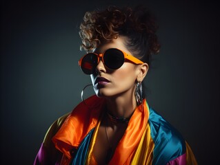 Vibrant Pose: Woman's 1980s Studio Fashion Portrait