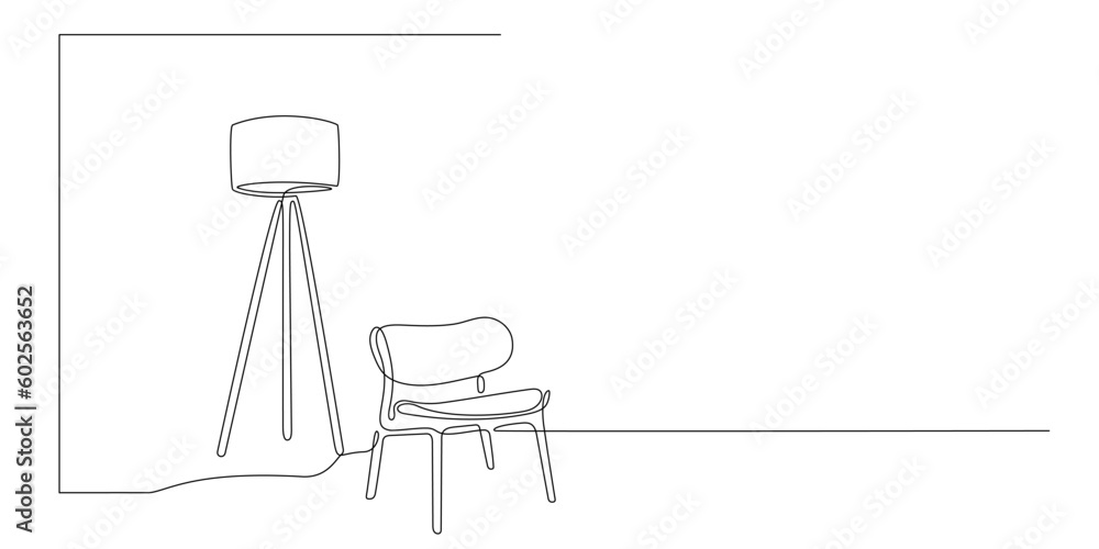 Wall mural continuous one line interior with armchair and floor lamp. single line drawing of living room with m