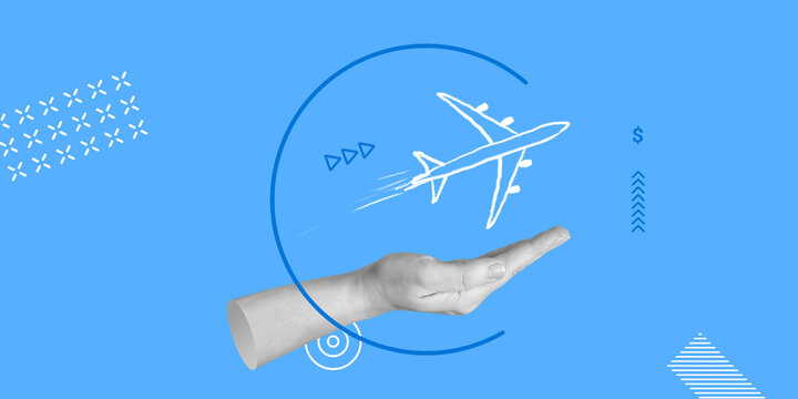 Travel and Aircraft Insurance. Symbolic plane takes off over person's hand. Minimalistic art collage