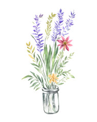 watercolor flowers ,bouquet in a pretty glass vase, vector