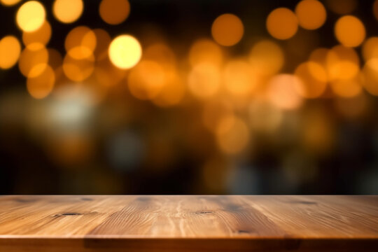 Wooden table and modern blurry bokeh restaurant backround ready for product or food display, ai generative