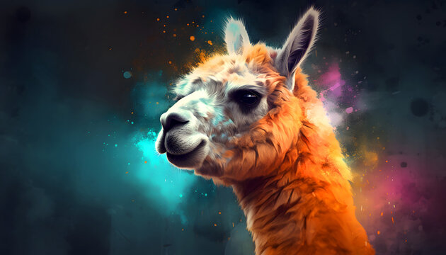 Full-color, abstract portrait of an alpaca llama on a black background.