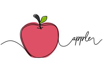 Apple continuous one line drawing, fruit vector illustration.