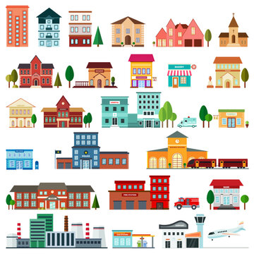 Colored and flat urban government buildings icons.