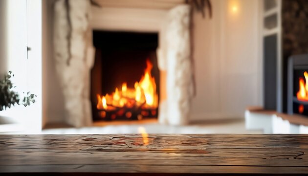 fireplace,cosy home interior background wallpaper, Table top with blurred fireplace