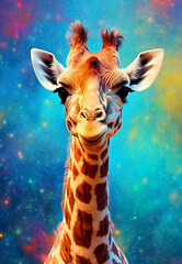 portrait of a giraffe in front of a colored background, generative ai