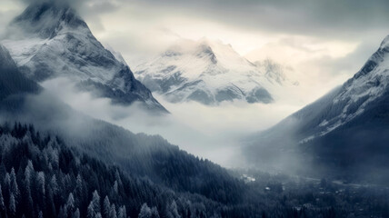 Beautiful view of mountains and trees covered with snow and fog in Kazakhstan - obrazy, fototapety, plakaty