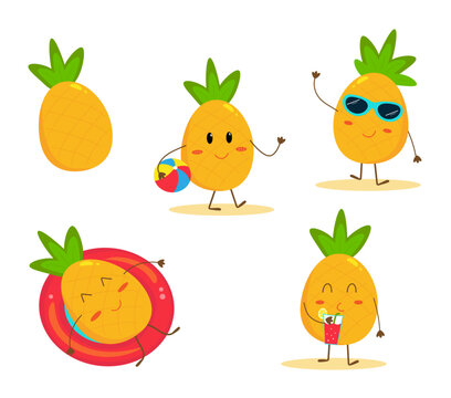 Summer mood stickers set. Cartoon pineapple with boll, pineapple in a sunglasses, pineapple in a swimming circle, pineapple drink cocktail. Cute flat vector illustrations.